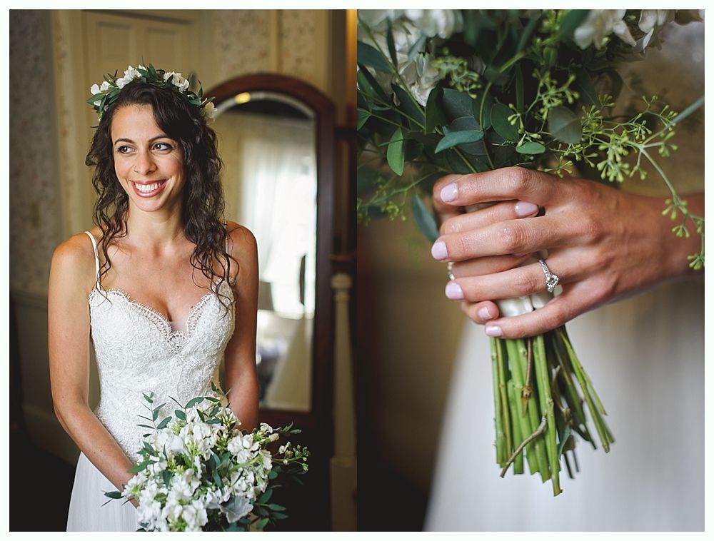 Bride in white lace dress and flower crown, holding bouquet, smiling. Close-up of hands with ring holding bouquet.