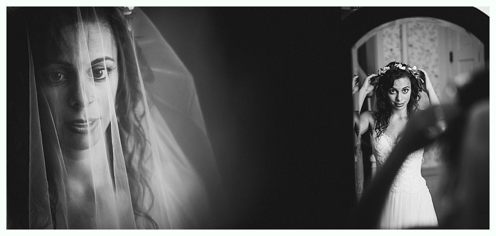 Woman in veil, looking forward; other side reflected in mirror, adjusting headpiece.