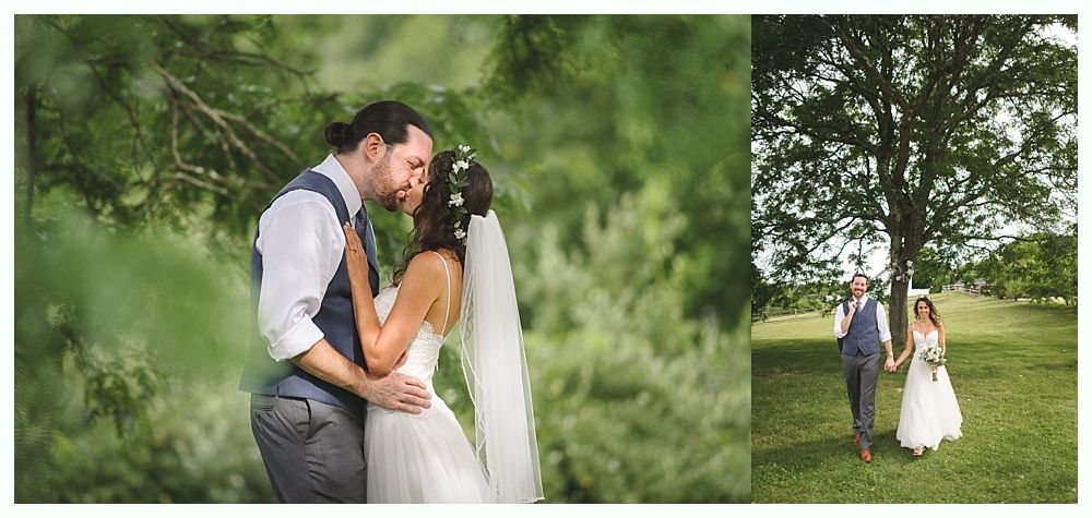 Wedding couple kissing under trees, then walking hand-in-hand in a park. Green foliage surrounds them.