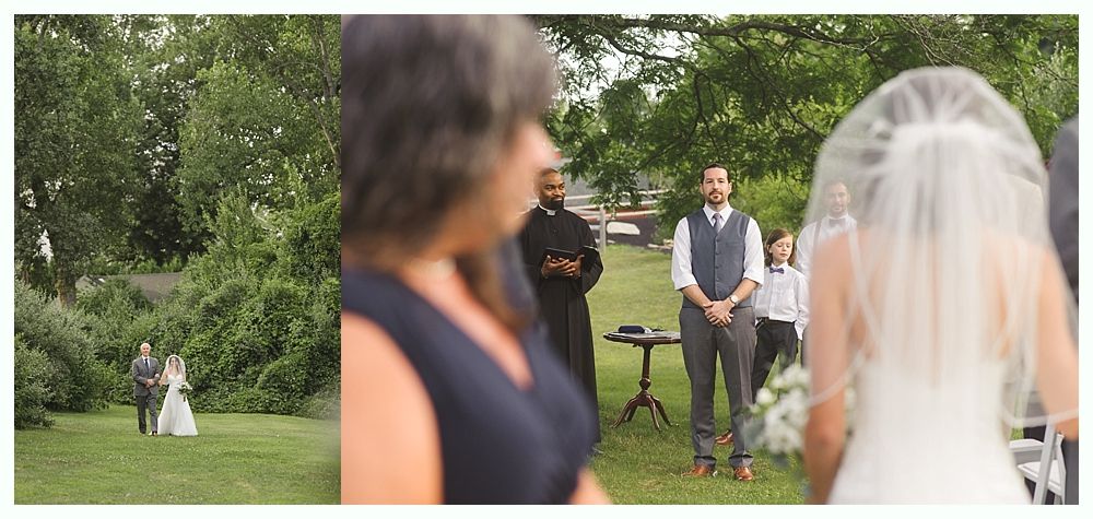 Bride walking down aisle to groom at outdoor wedding ceremony.