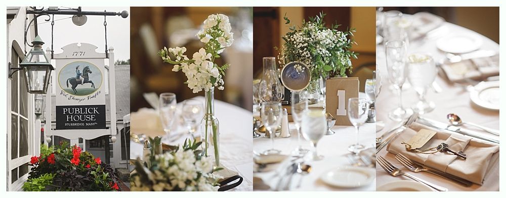 Wedding reception: Venue sign, floral centerpieces, table settings, and favors.