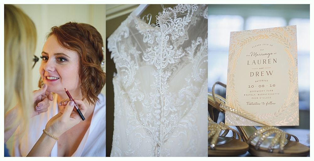 Bride getting makeup done, lacy wedding dress back, invitation, gold shoes.
