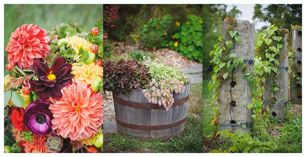 Arrangement of colorful flowers, plants in a wooden barrel, and vertical planters with vines.