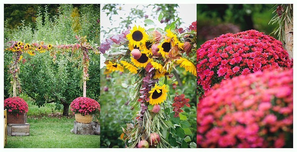 Floral arrangements with sunflowers and maroon mums outdoors.