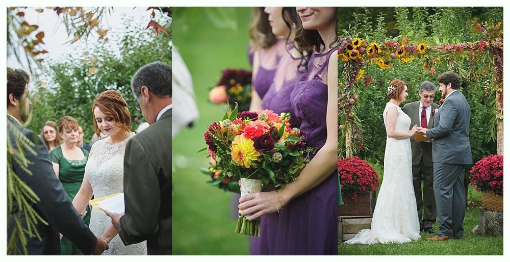 Wedding ceremony, bride and groom exchanging vows, outdoor setting with flowers.