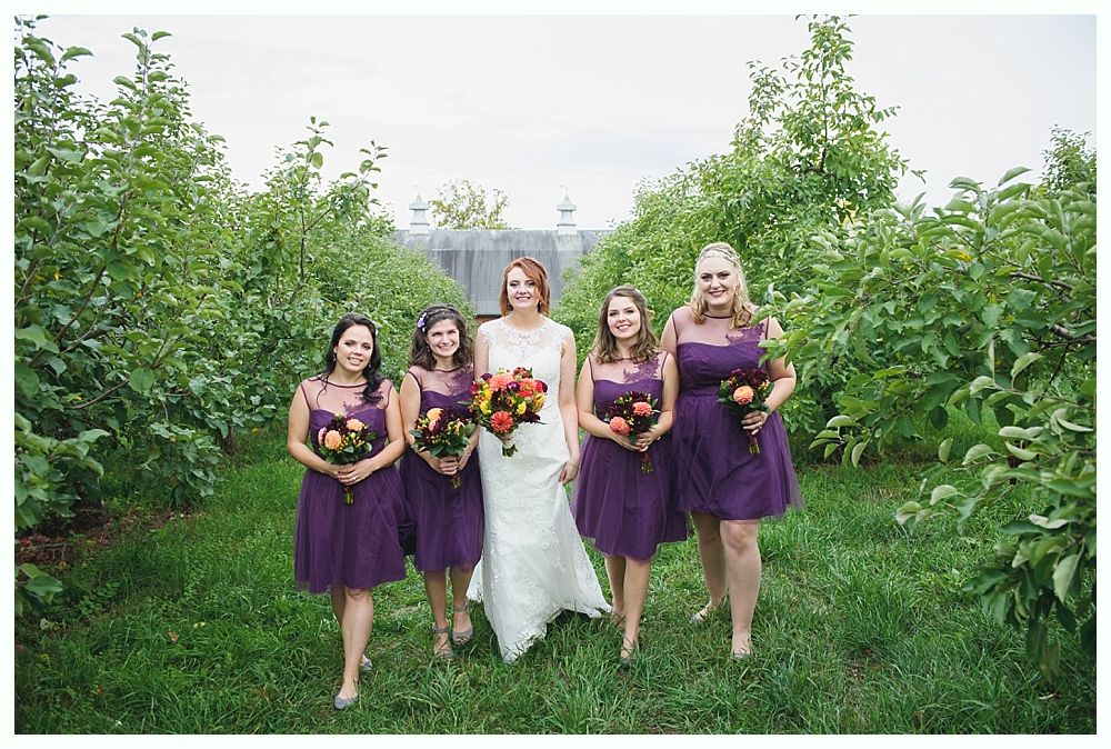 Bride with bridesmaids in an orchard, all holding bouquets. The bridesmaids wear purple dresses, smiling.