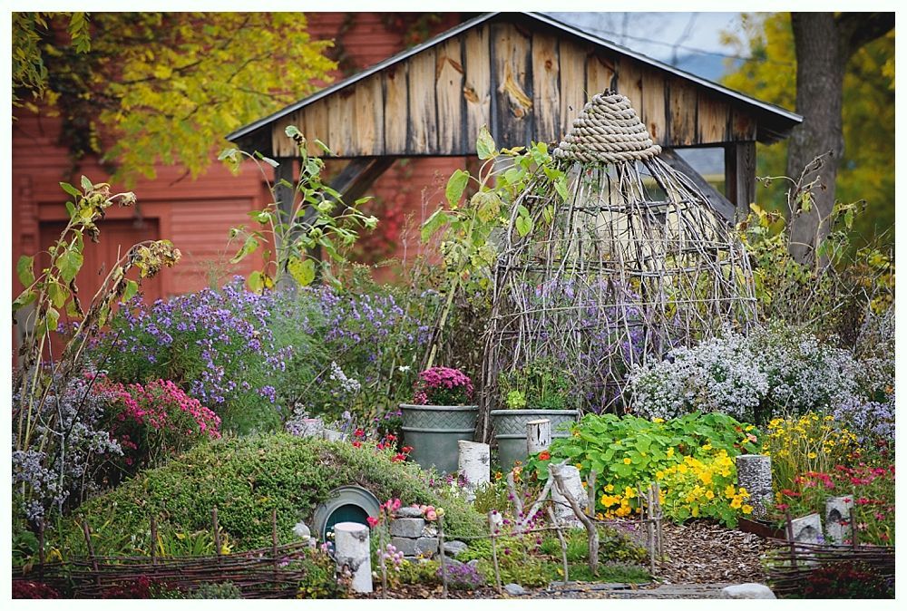 Colorful cottage garden with a wooden arbor, various flowers, and greenery.