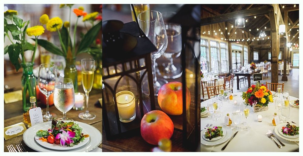 Three-part image: table settings with flowers, candles, and fruit; a large room with string lights.