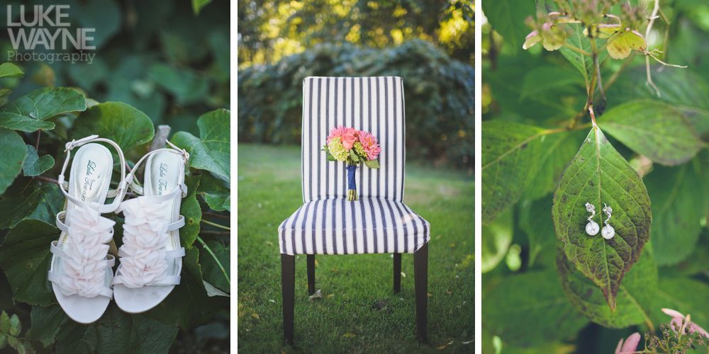 Wedding details: shoes, striped chair with flowers, earrings on leaves. Outdoors, green.