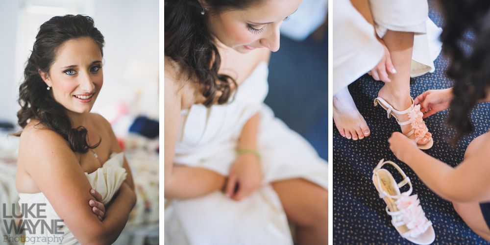 Bride in a white dress smiles as she poses. Another image shows her looking down. A bridesmaid helps fasten her shoe.