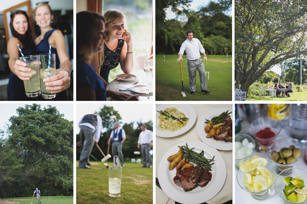 People enjoying an outdoor event with drinks, food, and lawn games.