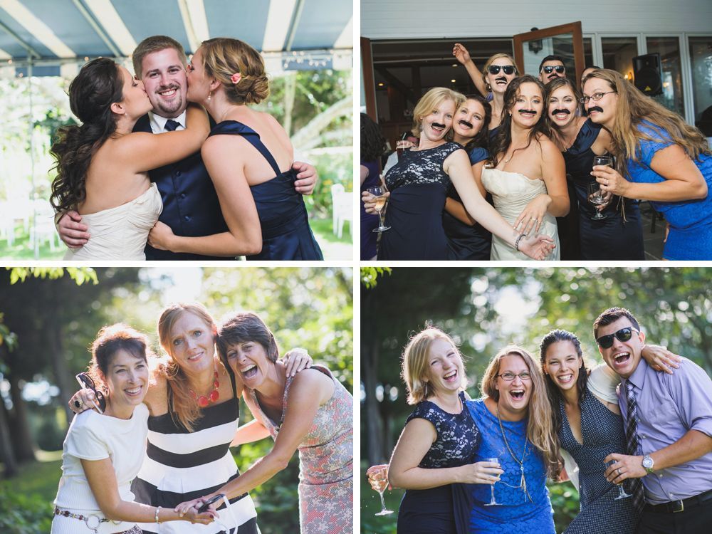 Four photos: joyous groups celebrating, hugging, and posing, at an outdoor event with foliage; some with props.