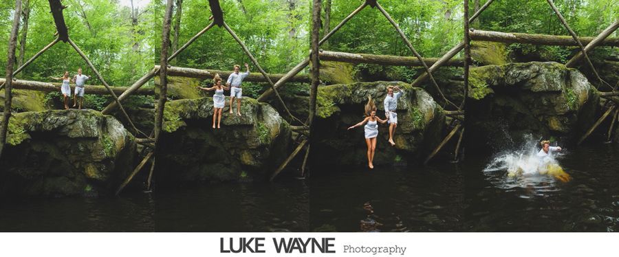 Sequence of four photos showing people jumping into water from a wooden structure.