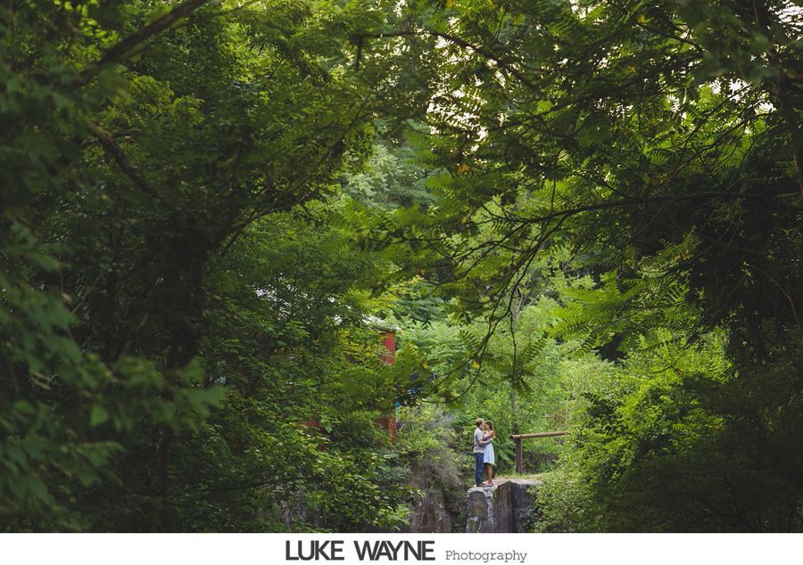 Couple standing on a stone ledge in a lush green forest, sunlight dappling the scene.