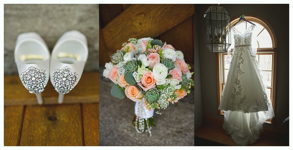 Wedding details: bedazzled shoes, bouquet with peach and white flowers, lacy wedding dress.