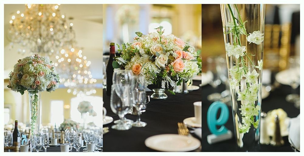 Wedding table centerpieces in a series, featuring flowers in vases, with chandeliers in the background.