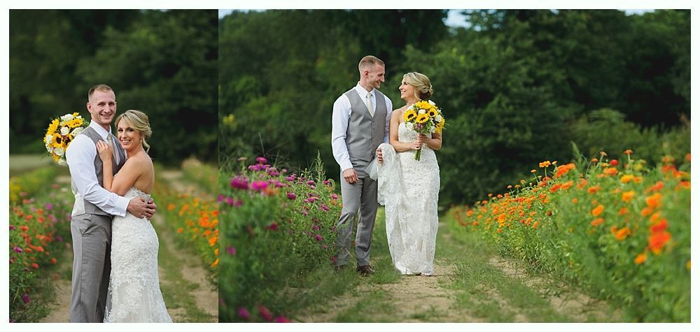 Bride and bridesmaids in gold sequin gowns holding bouquets posing outdoors by an old building.