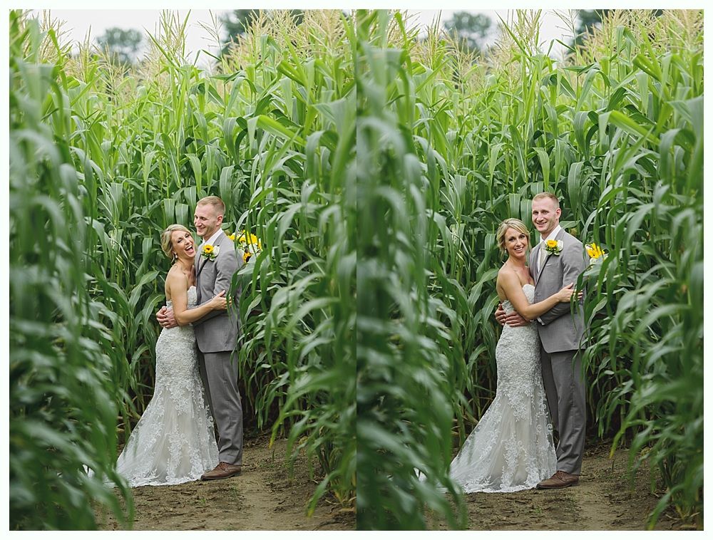 Smiling baby crawling on a sidewalk, wearing a white tutu, with bridesmaids in sequined dresses.