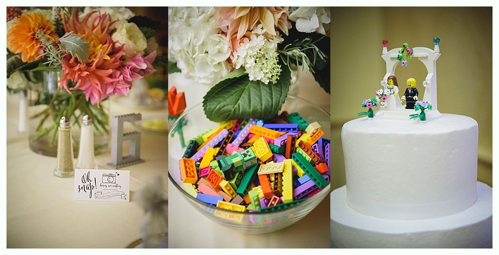 Bride with arms up, making a funny face, groom looking at his hand, cake cutting in background.