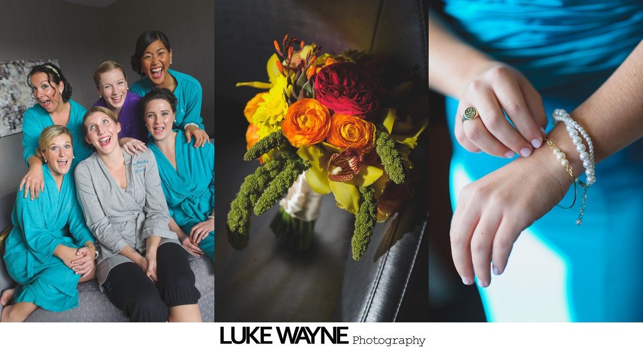 Bridal party in teal robes, bouquet of colorful flowers, and bride putting on bracelet.
