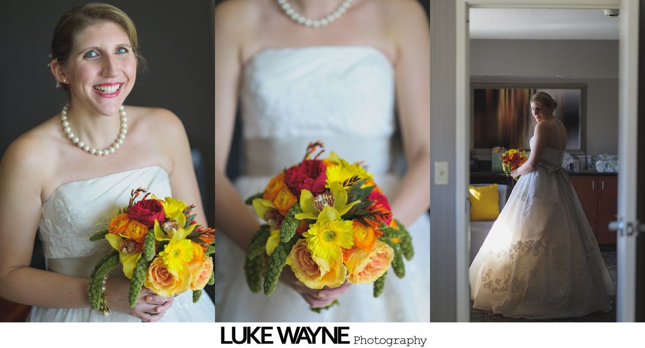 Bride in strapless gown holds colorful bouquet, smiles. Second image shows bouquet closer. Third image shows full dress reflected.
