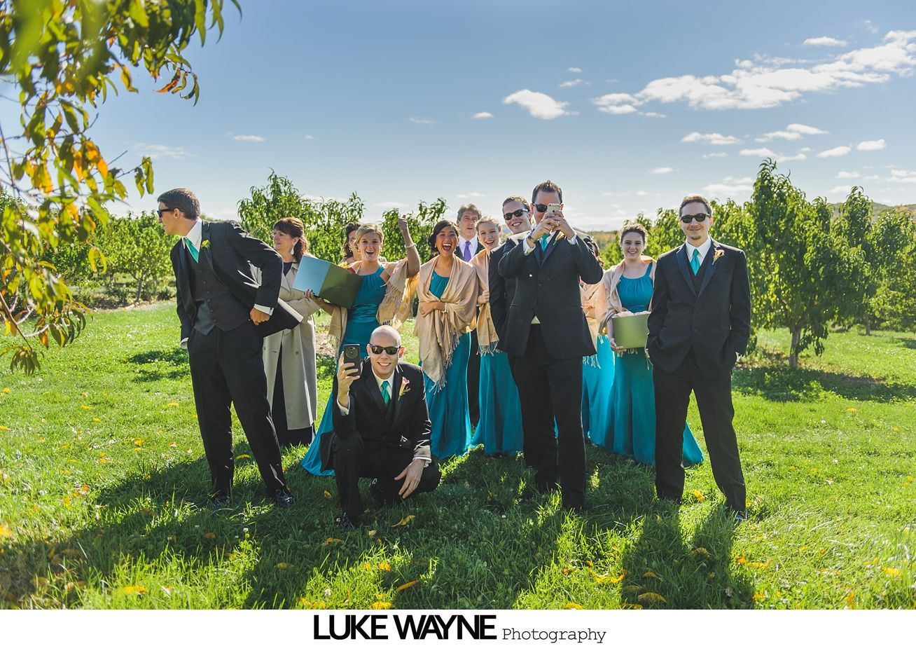 Wedding party in formal attire poses outdoors on a sunny day.