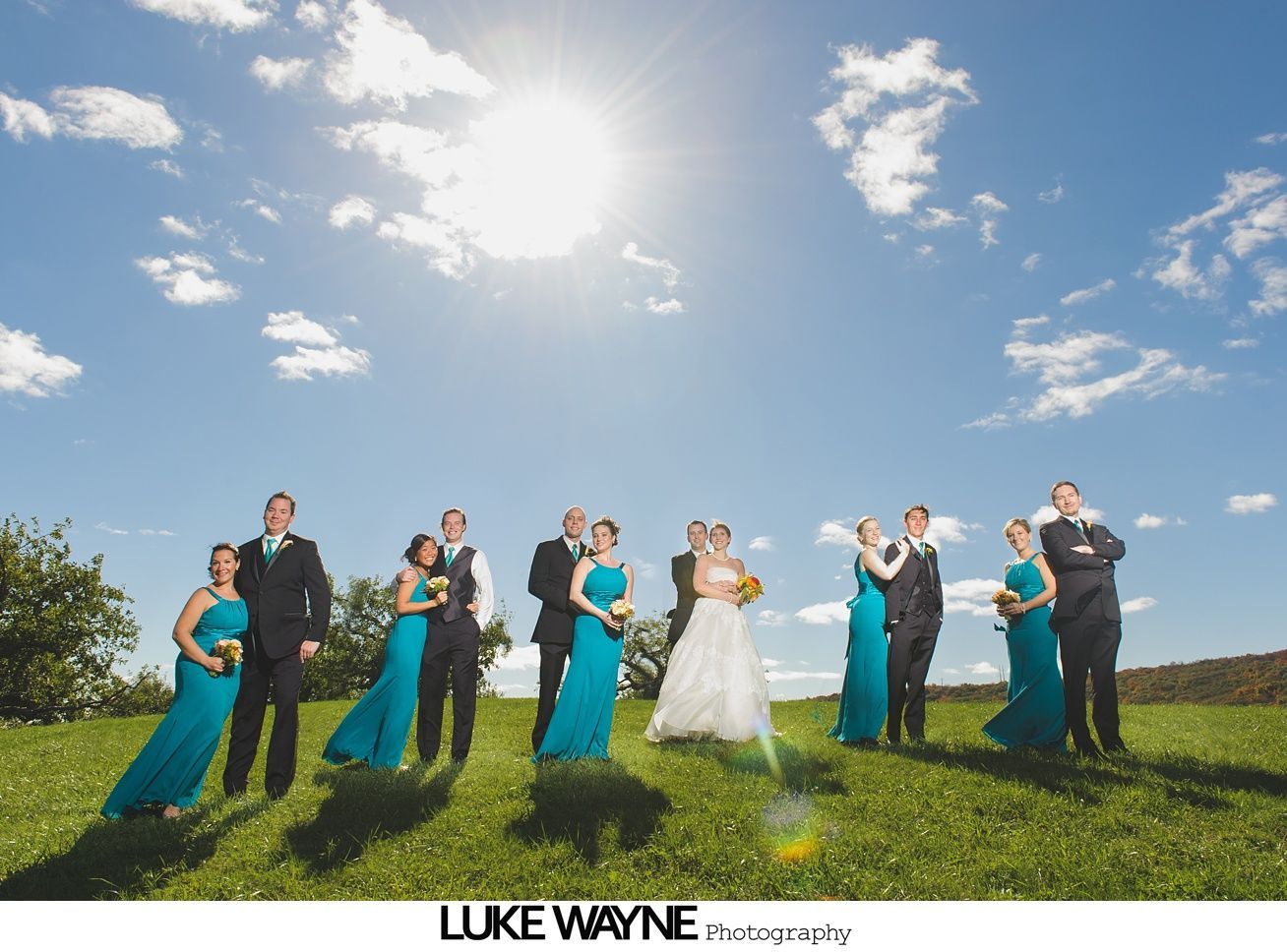 Wedding party poses in a sunny field under a bright blue sky with scattered clouds.