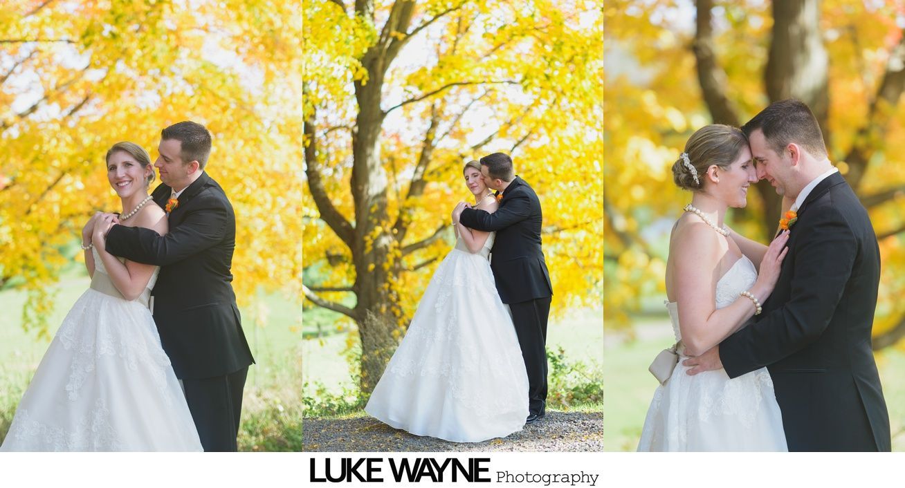 Bride and groom embrace outdoors near a tree with yellow leaves.