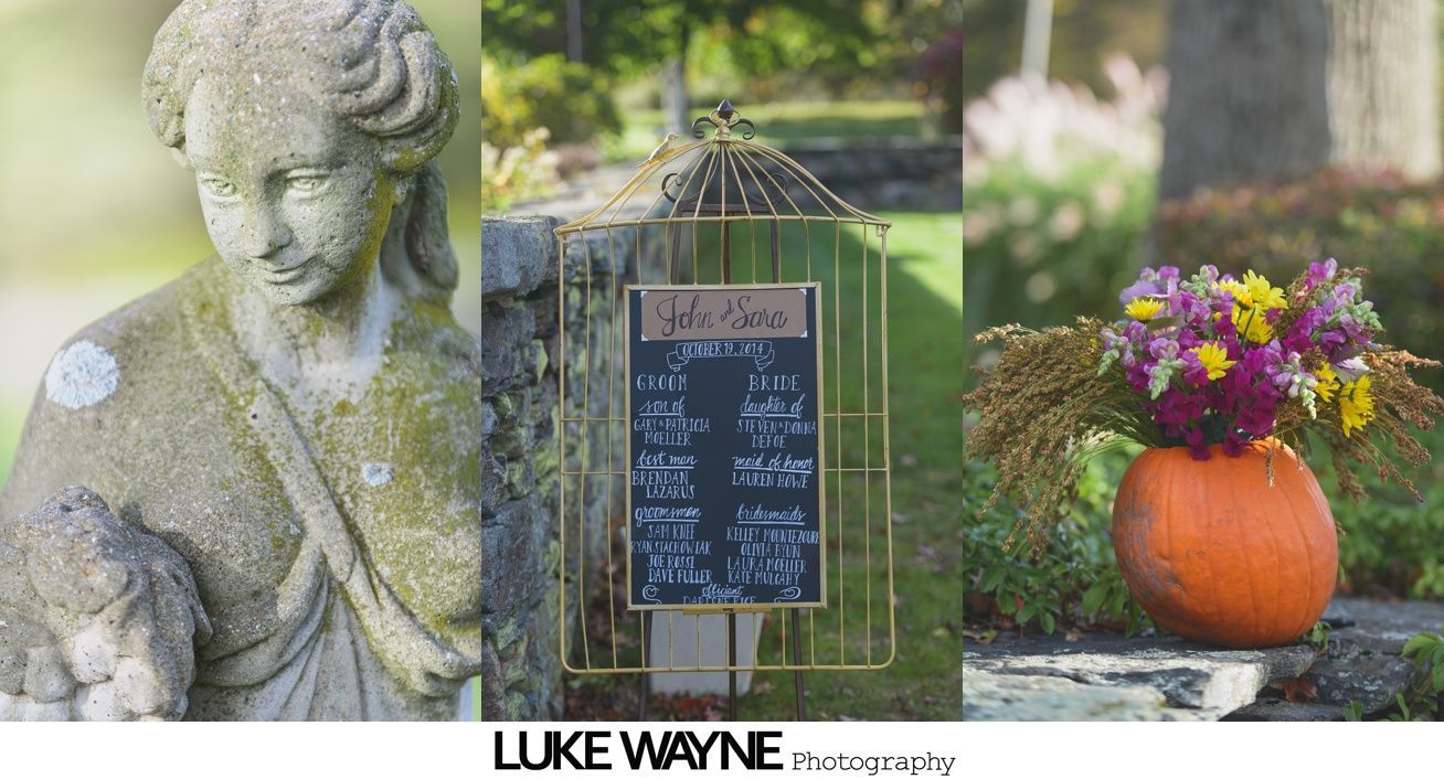 Triptych: stone statue, a sign with wedding details, and floral arrangement in a pumpkin.