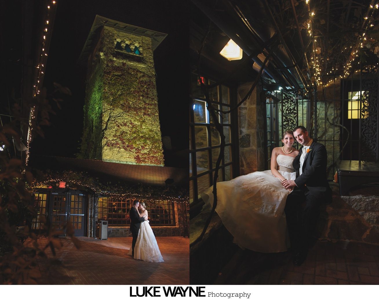 Wedding couple at night, poses near ivy-covered tower and building with string lights.