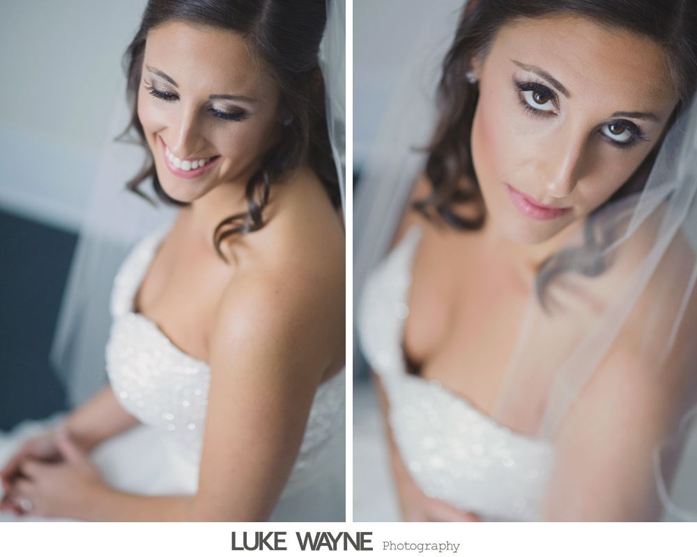 Blonde woman wearing veil, in wedding dress, looking at the camera with two different facial expressions: neutral and smiling.
