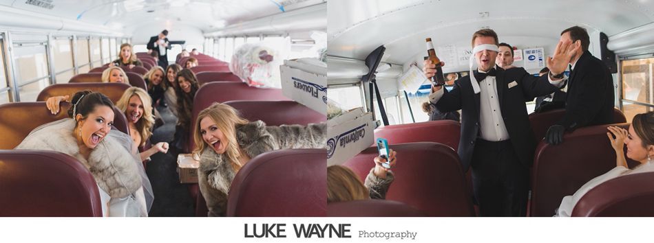 People on a bus, celebrating. Men in tuxedos, women laughing. Beer bottles are held. Interior of a bus.