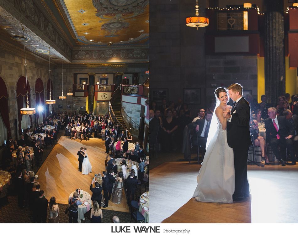 Two wedding photos side-by-side: Dancing couple in a large ballroom with guests at tables and on balconies.