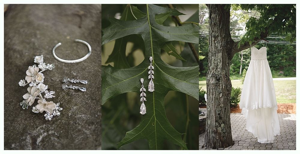 Wedding accessories: bracelet, floral headpiece, earrings. Dress hanging on a tree.