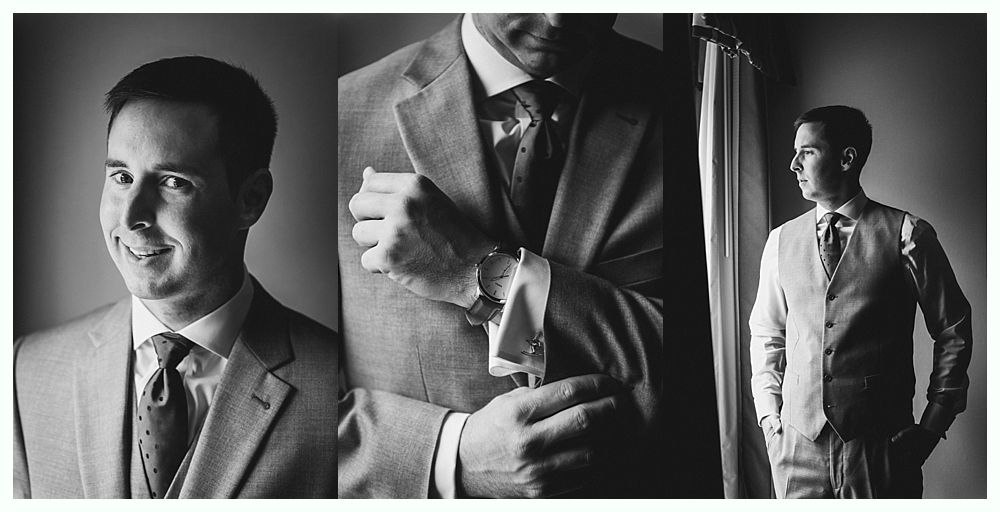 Three-panel grayscale photo of a man in a light suit adjusting his cufflinks, smiling, and looking out a window.