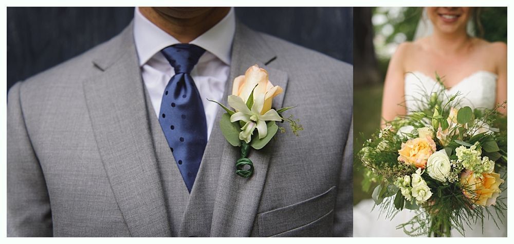 A groom in a gray suit and a bride holding a bouquet of flowers.