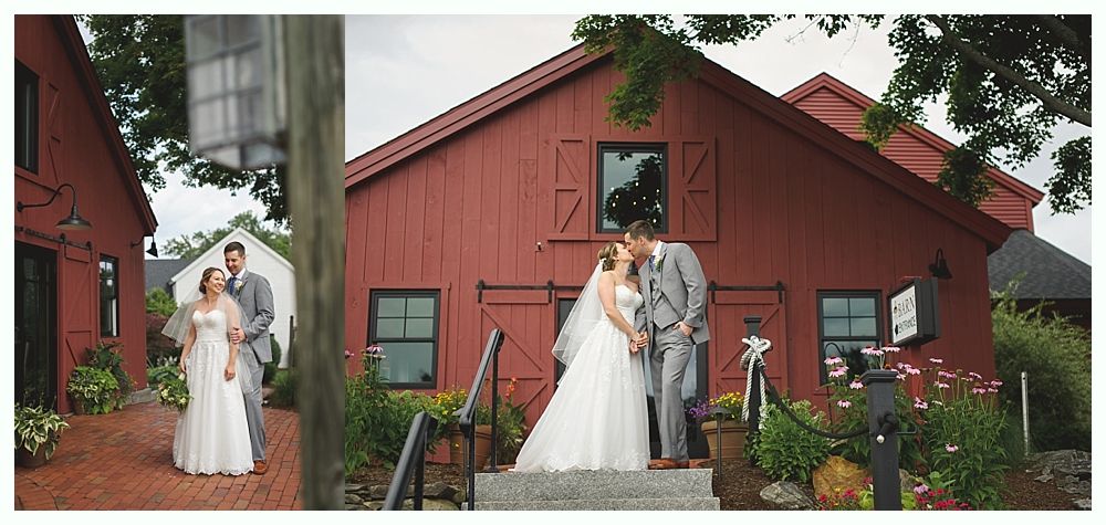 Wedding couple kissing in front of a red barn.