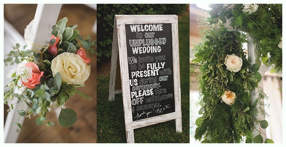 Wedding decorations: flowers on chair, welcome sign, arch with flowers.