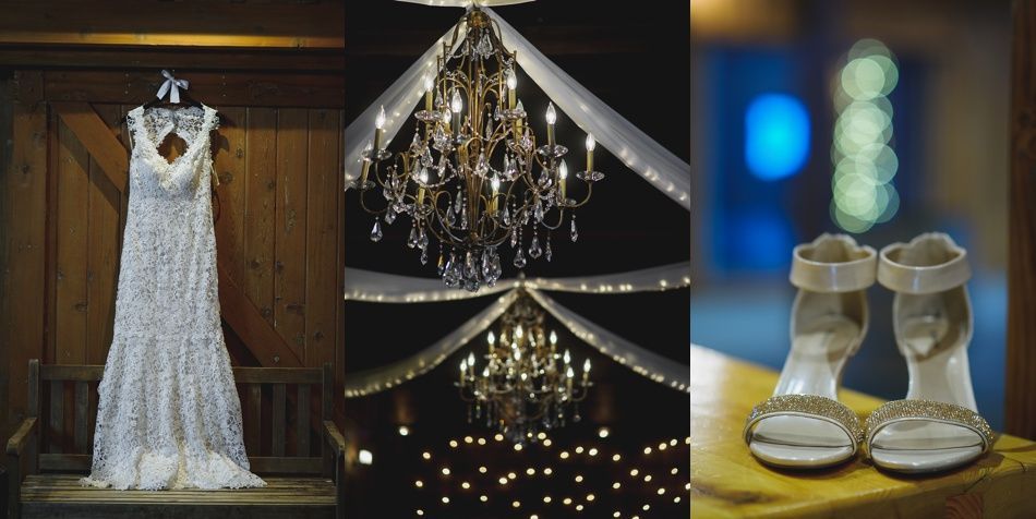 Wedding dress, chandelier, and shoes arranged for the wedding day.