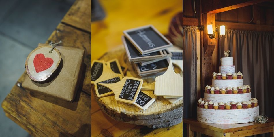 Three-panel image: gift with heart tag, chalkboards on wood, tiered wedding cake.