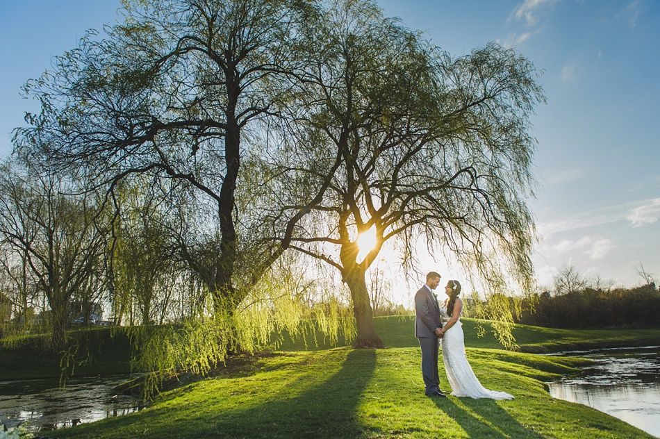 Couple in wedding attire stands under a large tree, sun shining through.