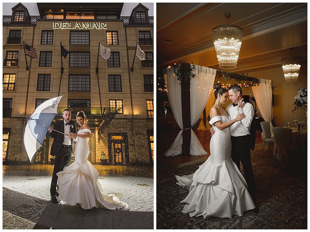 A newly married couple in a wedding dress and suit; outside under an umbrella and inside dancing.