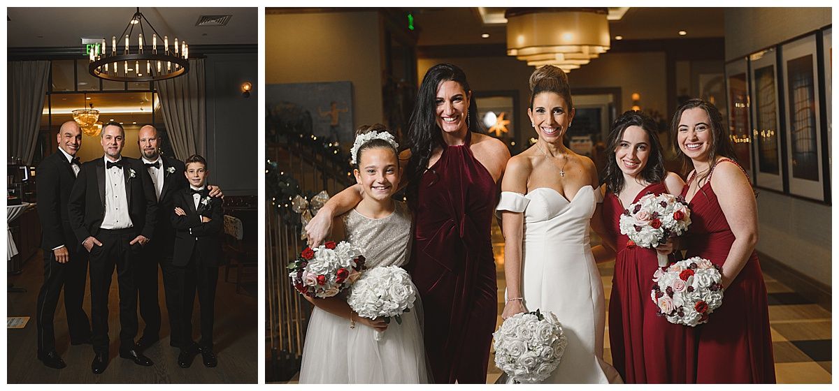 Wedding groups posing indoors: groomsmen, bride and bridesmaids in a hall with elegant lighting.