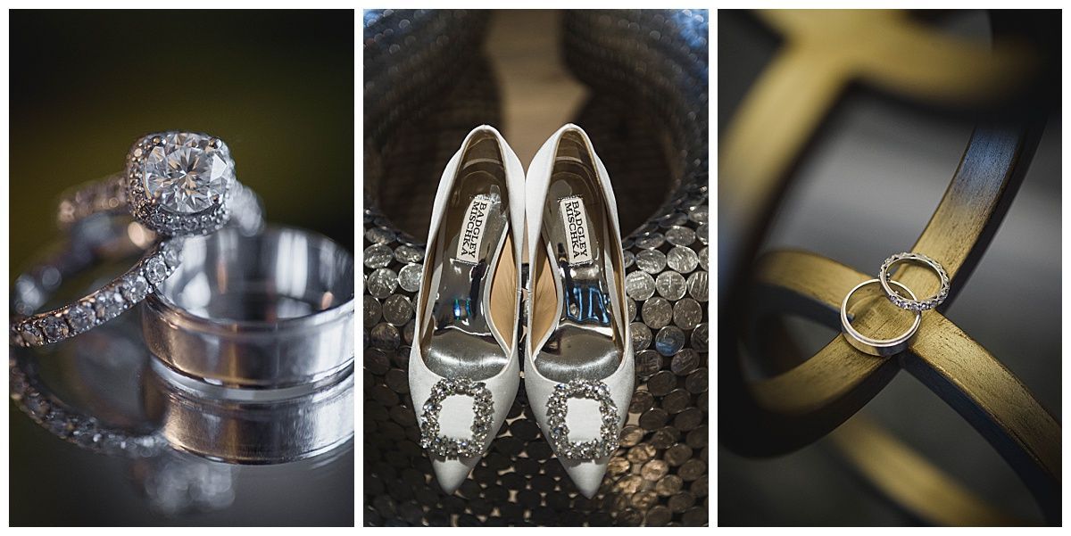 Wedding rings and shoes arranged in a triptych composition.