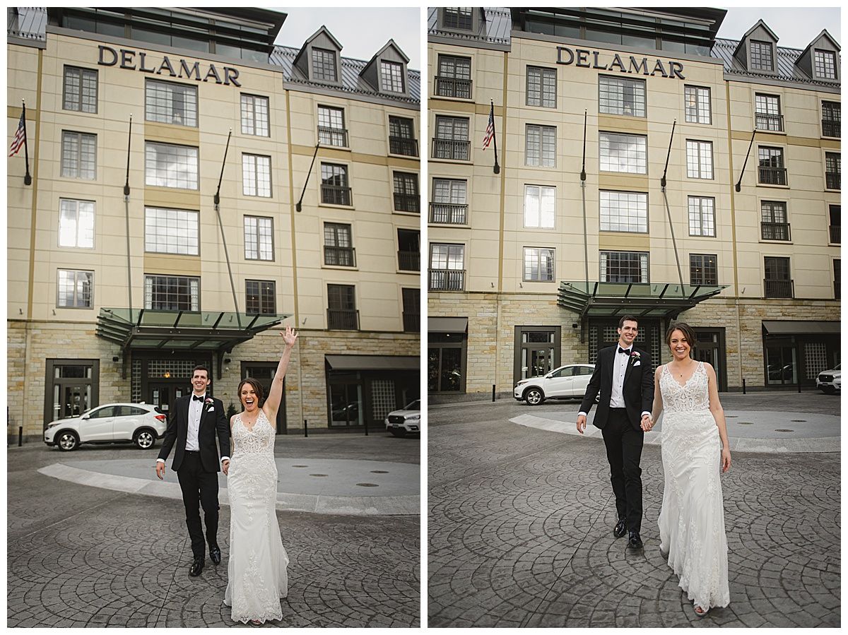 Wedding couple exits the Delamar Hotel. The bride raises her arm, smiling. The groom holds her hand.