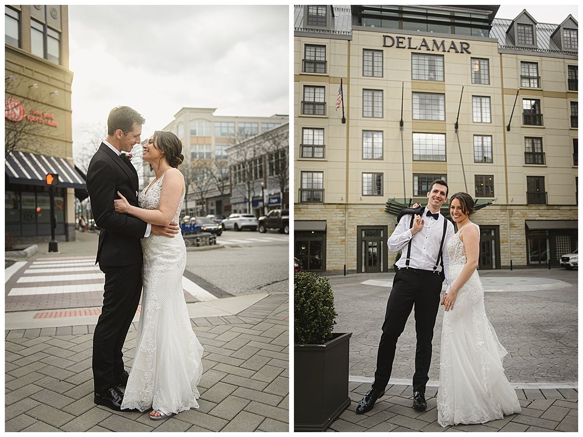 Wedding couple embracing and smiling outside. One shot includes a hotel, Delamar, in the background.