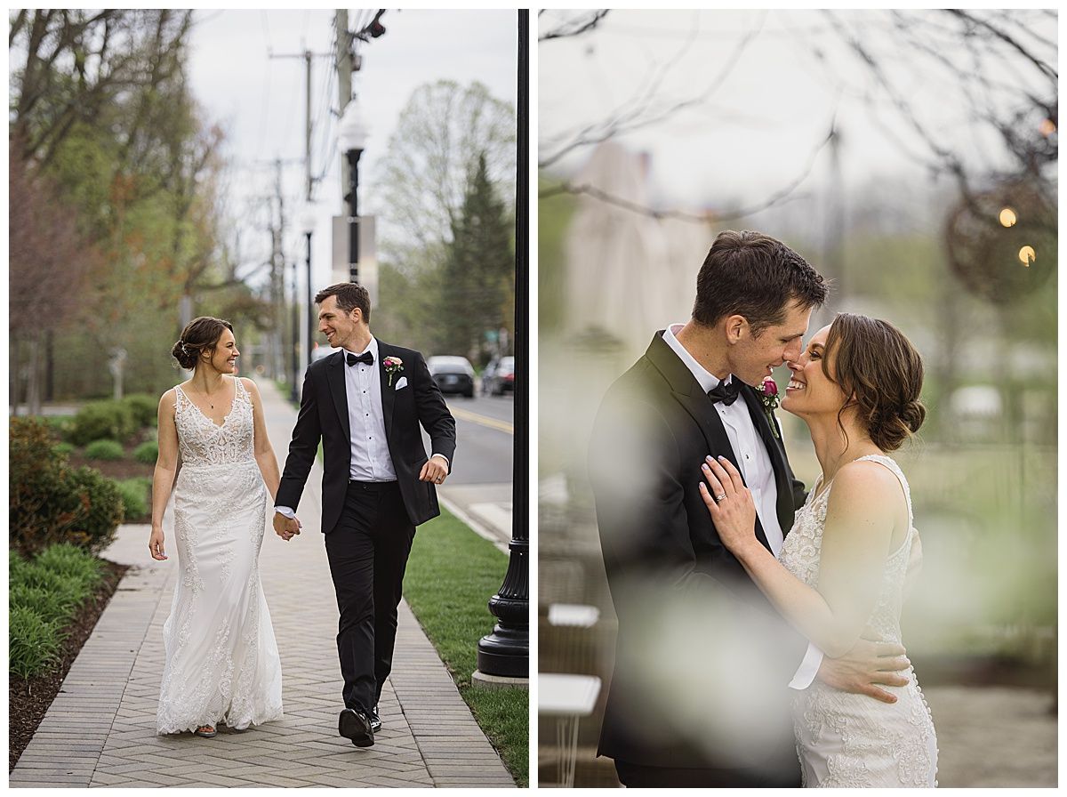 Wedding photos: Couple walking on a sidewalk, smiling at each other. Man in a tux, woman in a white dress.