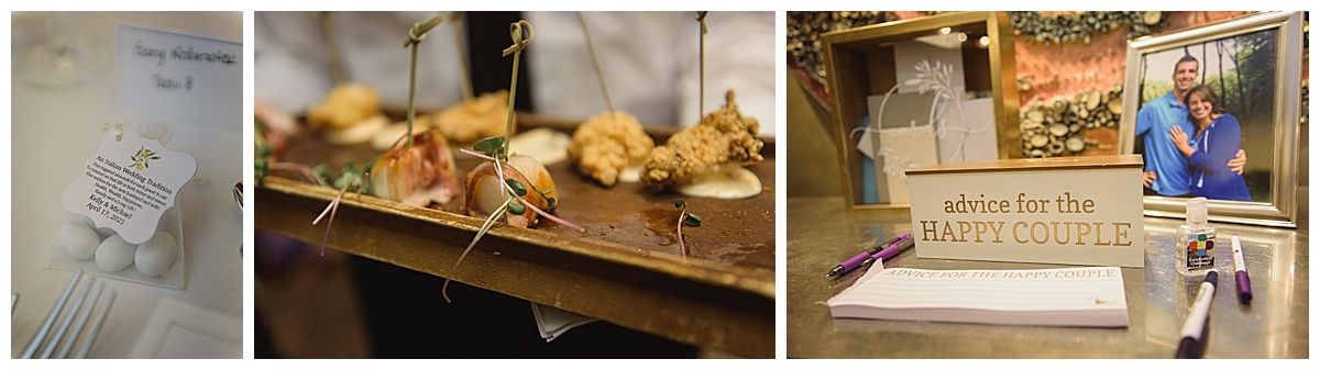 Appetizers on a wooden tray, a sign reading 