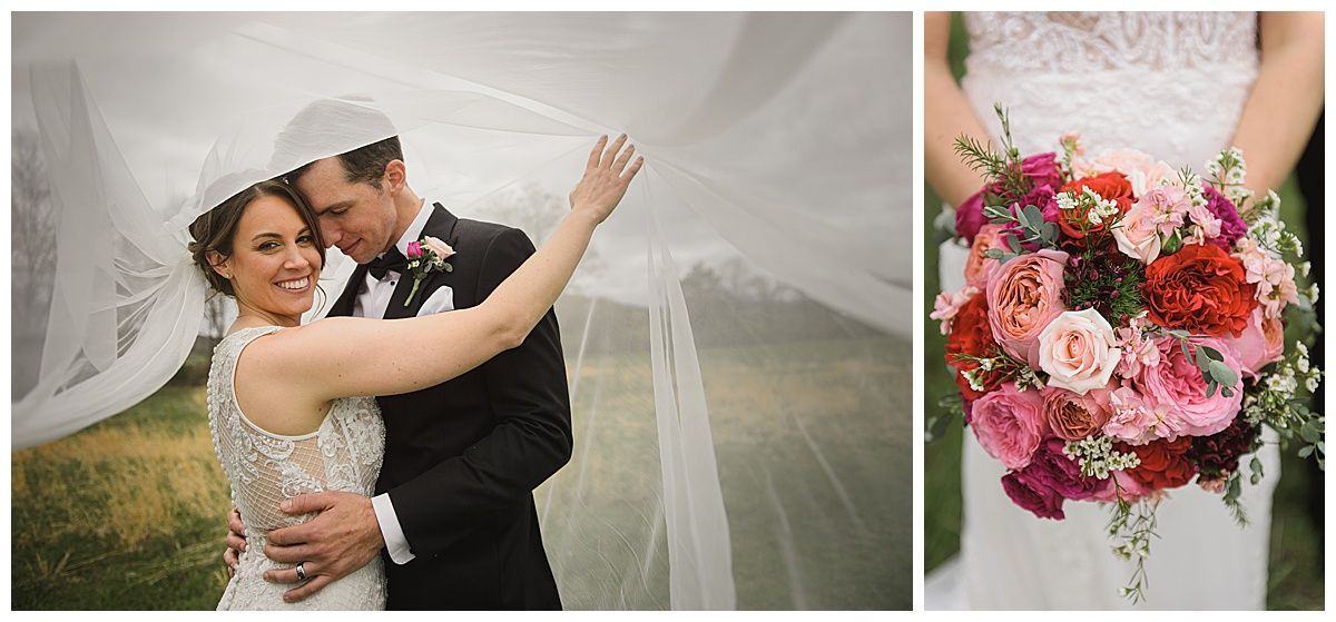 Bride and groom posing under a veil. Bouquet of pink and red flowers.