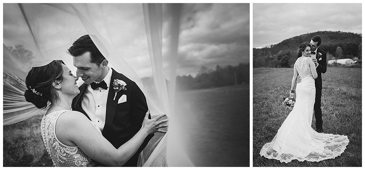Black and white wedding photos of a couple. They are embracing in a field with a mountain backdrop.